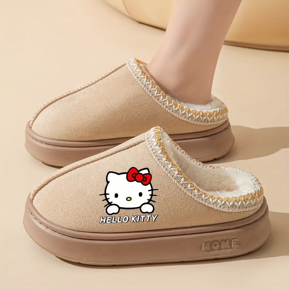 Sanrio Hello Kitty Plush Lined Slippers for Women - Cozy Thermal Winter Home Shoes with Thick Non-Slip EVA Sole, Brown Cover Upper with Decorative Stitching, Hand Wash or Dry Clean, House Slippers